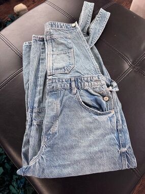 Free People Good Luck Barrel Light Wash Blue Denim Overalls